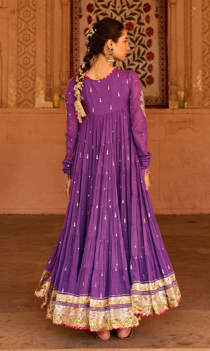 Phillauri 2 purple tiered anarkali with chooridar and foil print dupatta (set of 3)