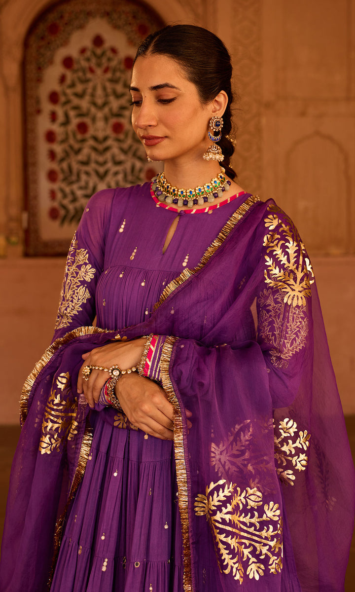 Phillauri 2 purple tiered anarkali with chooridar and foil print dupatta (set of 3)