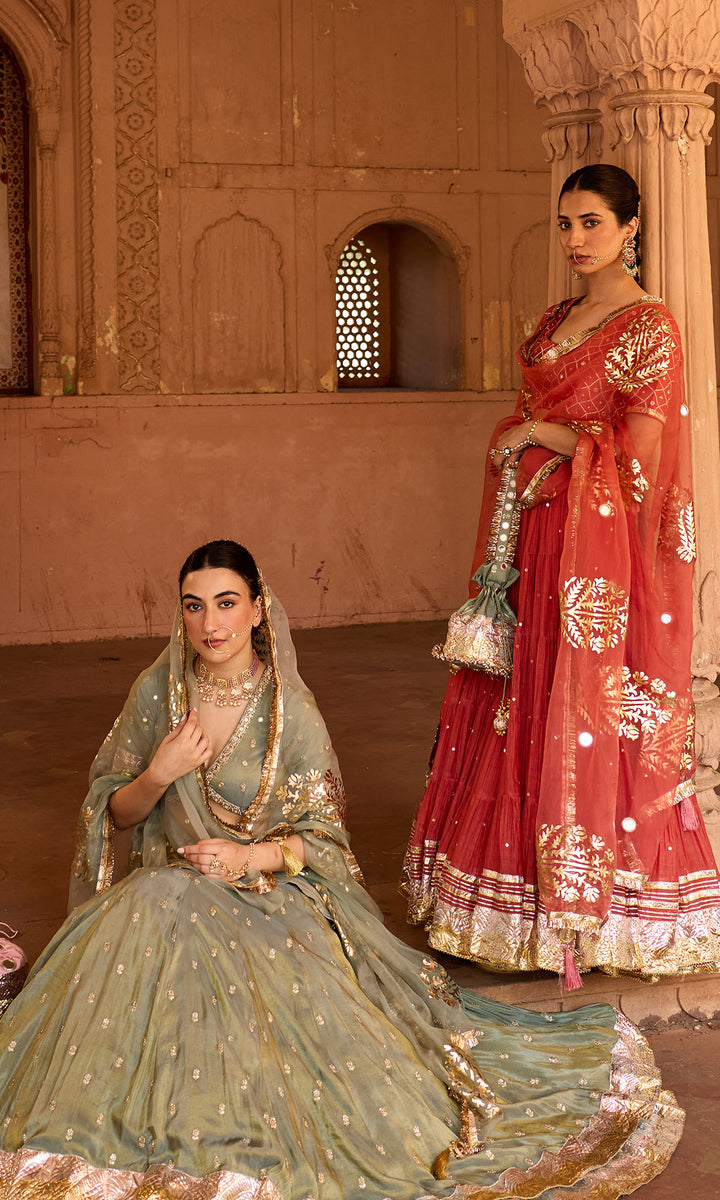 Phillauri 2 rust teared lehenga with gota work blouse and foil  print dupatta (set of 3)