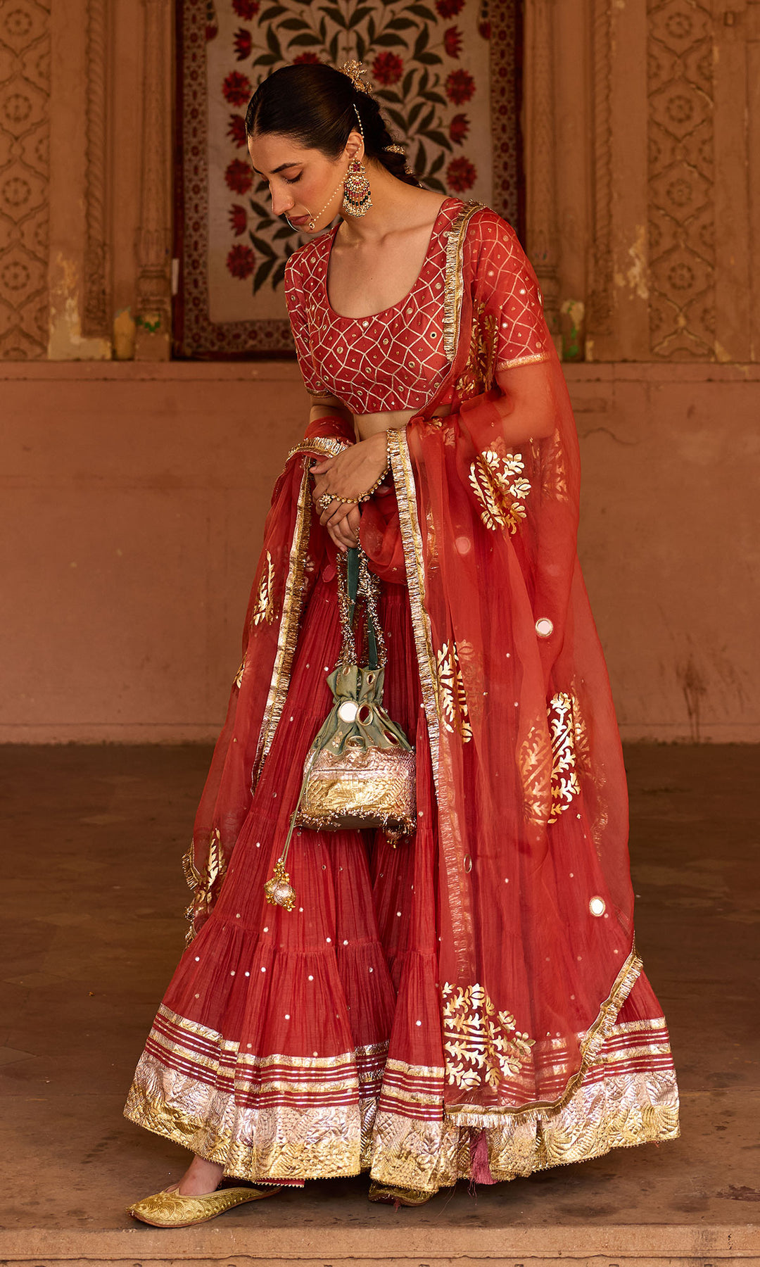 Phillauri 2 rust teared lehenga with gota work blouse and foil  print dupatta (set of 3)