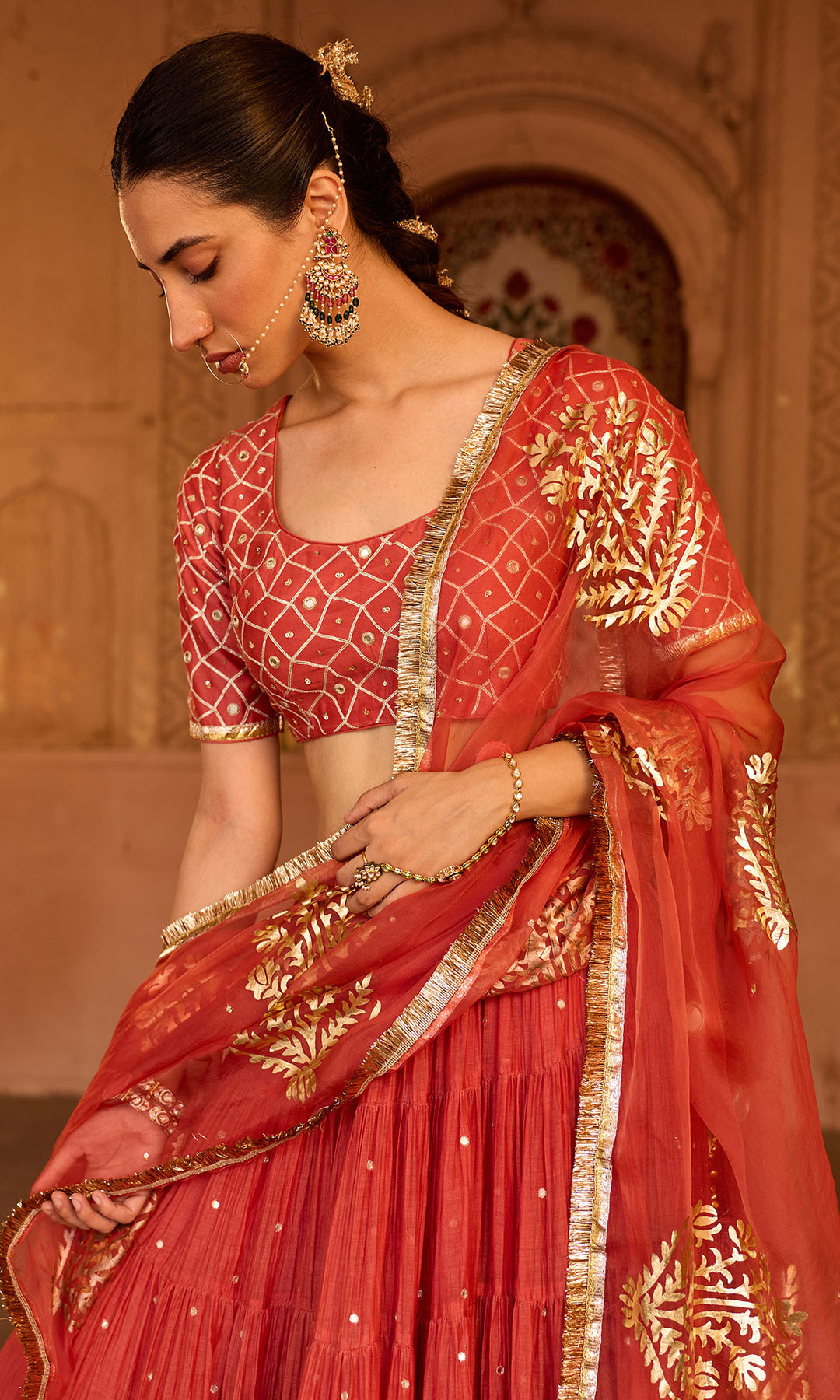 Phillauri 2 rust teared lehenga with gota work blouse and foil  print dupatta (set of 3)