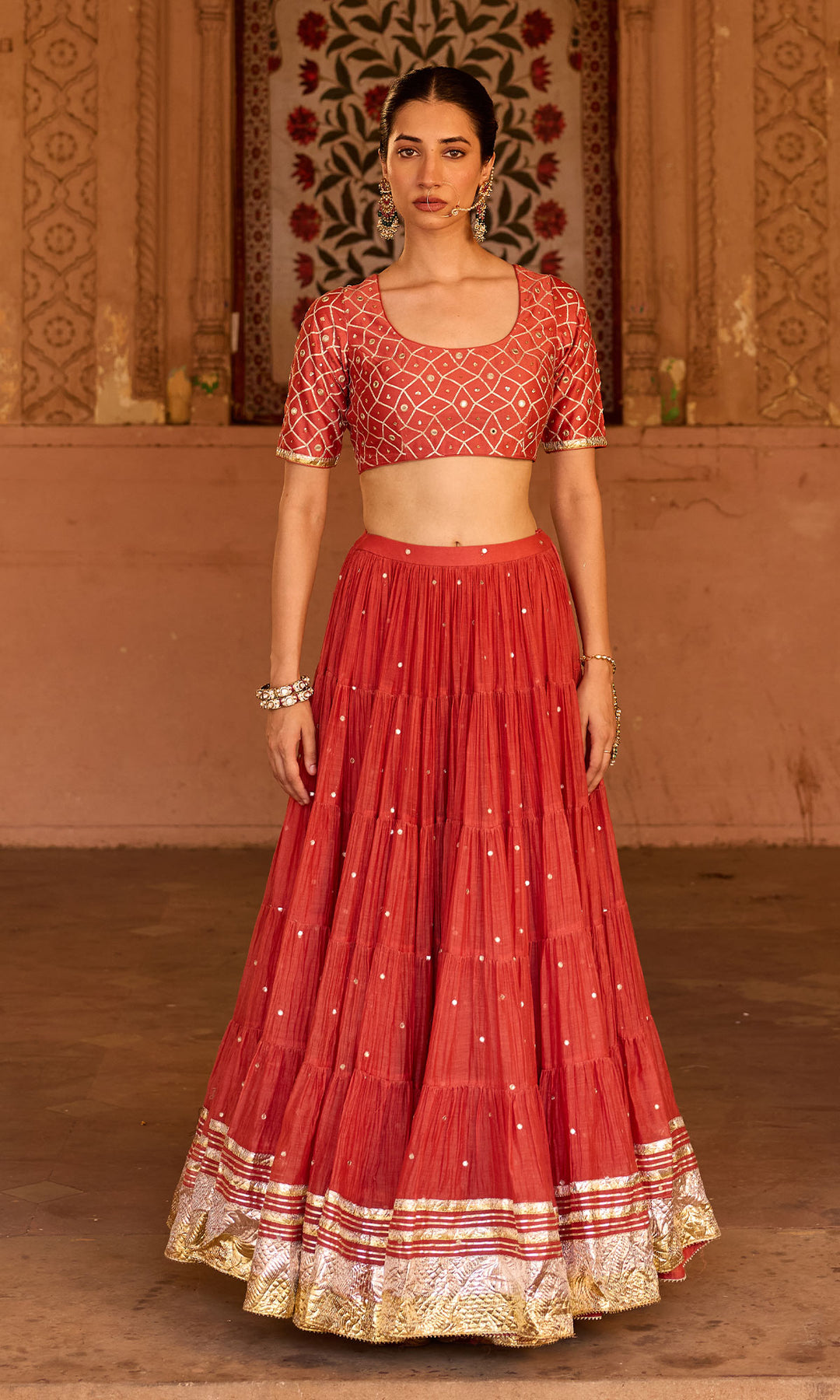 Phillauri 2 rust teared lehenga with gota work blouse and foil  print dupatta (set of 3)