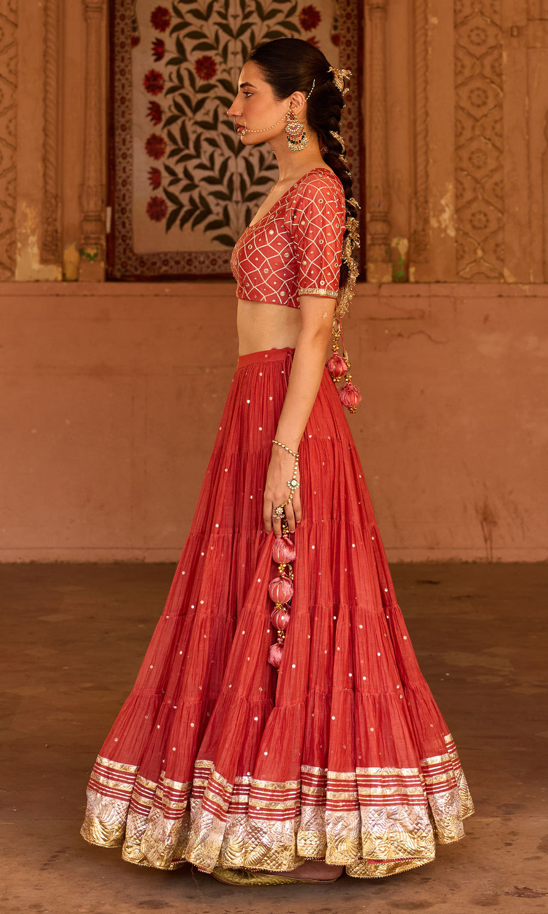 Phillauri 2 rust teared lehenga with gota work blouse and foil  print dupatta (set of 3)