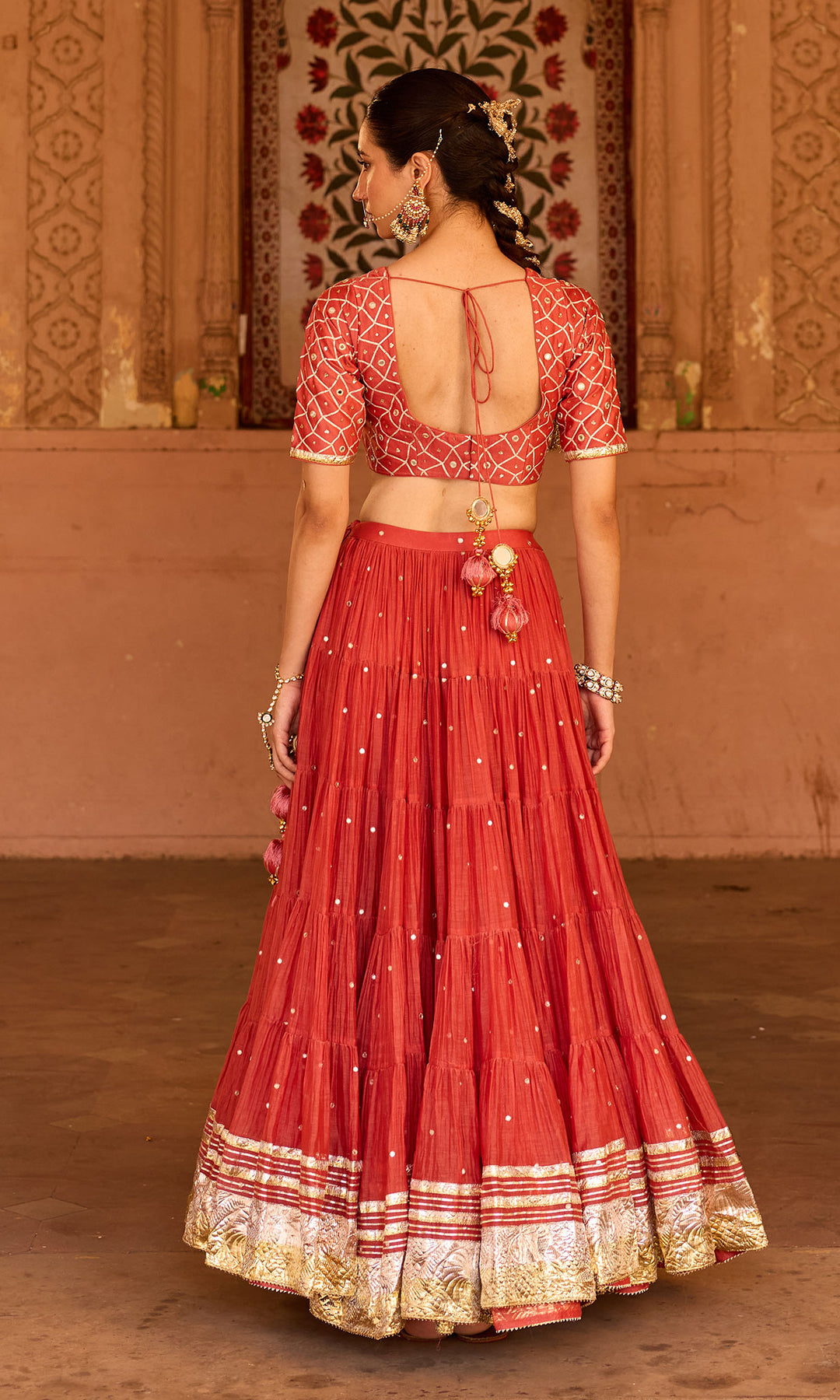 Phillauri 2 rust teared lehenga with gota work blouse and foil  print dupatta (set of 3)