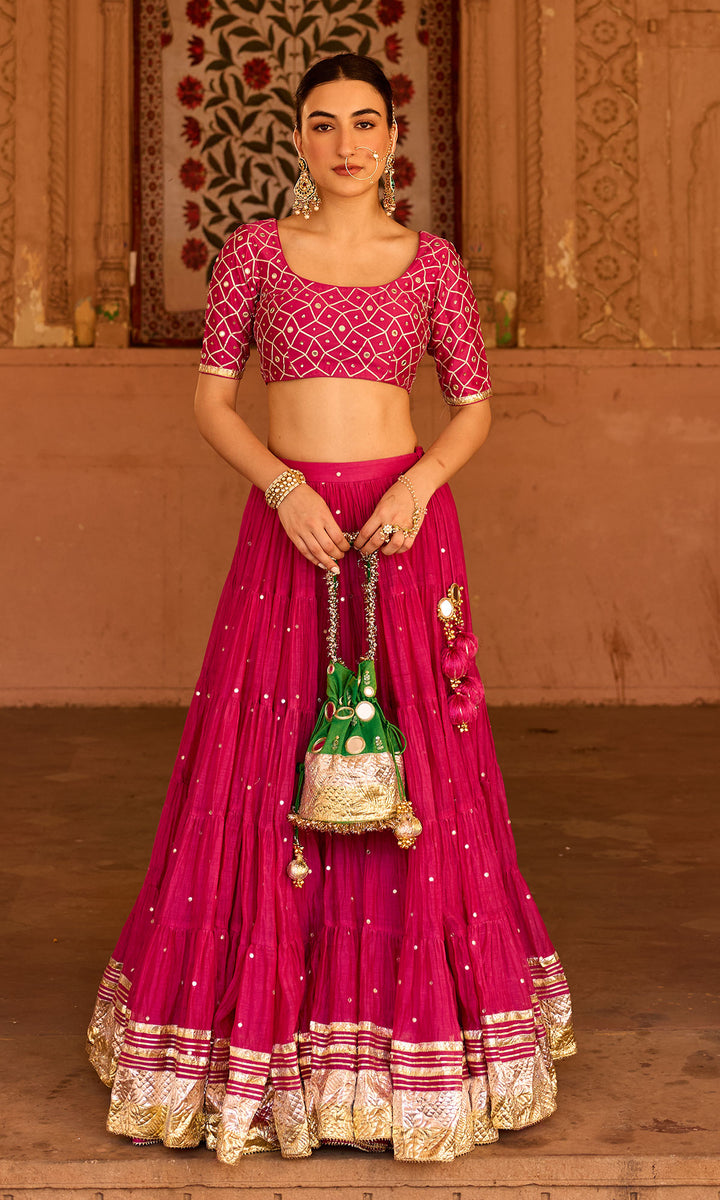 Phillauri 2 rani pink teared lehenga with gota work blouse and foil  print dupatta (set of 3)
