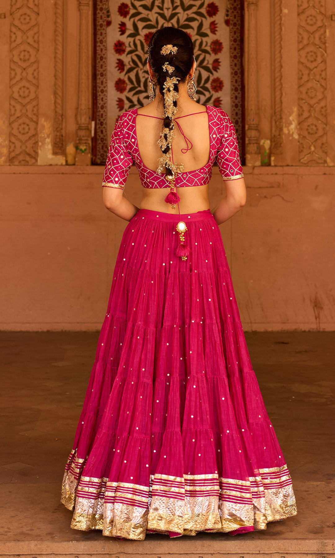 Phillauri 2 rani pink teared lehenga with gota work blouse and foil  print dupatta (set of 3)