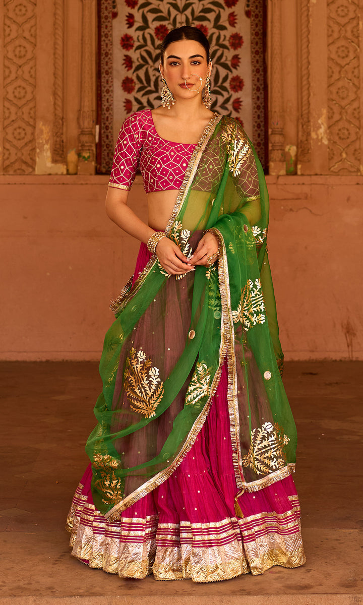 Phillauri 2 rani pink teared lehenga with gota work blouse and foil  print dupatta (set of 3)