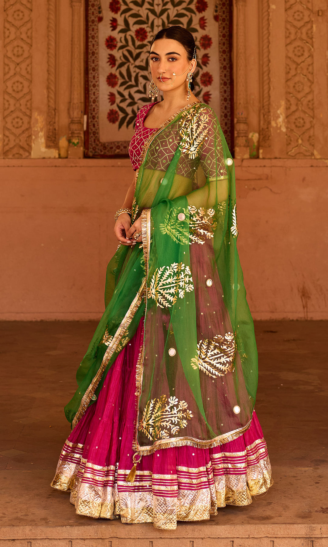 Phillauri 2 rani pink teared lehenga with gota work blouse and foil  print dupatta (set of 3)