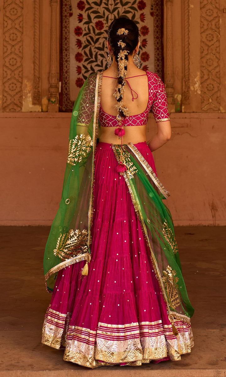 Phillauri 2 rani pink teared lehenga with gota work blouse and foil  print dupatta (set of 3)