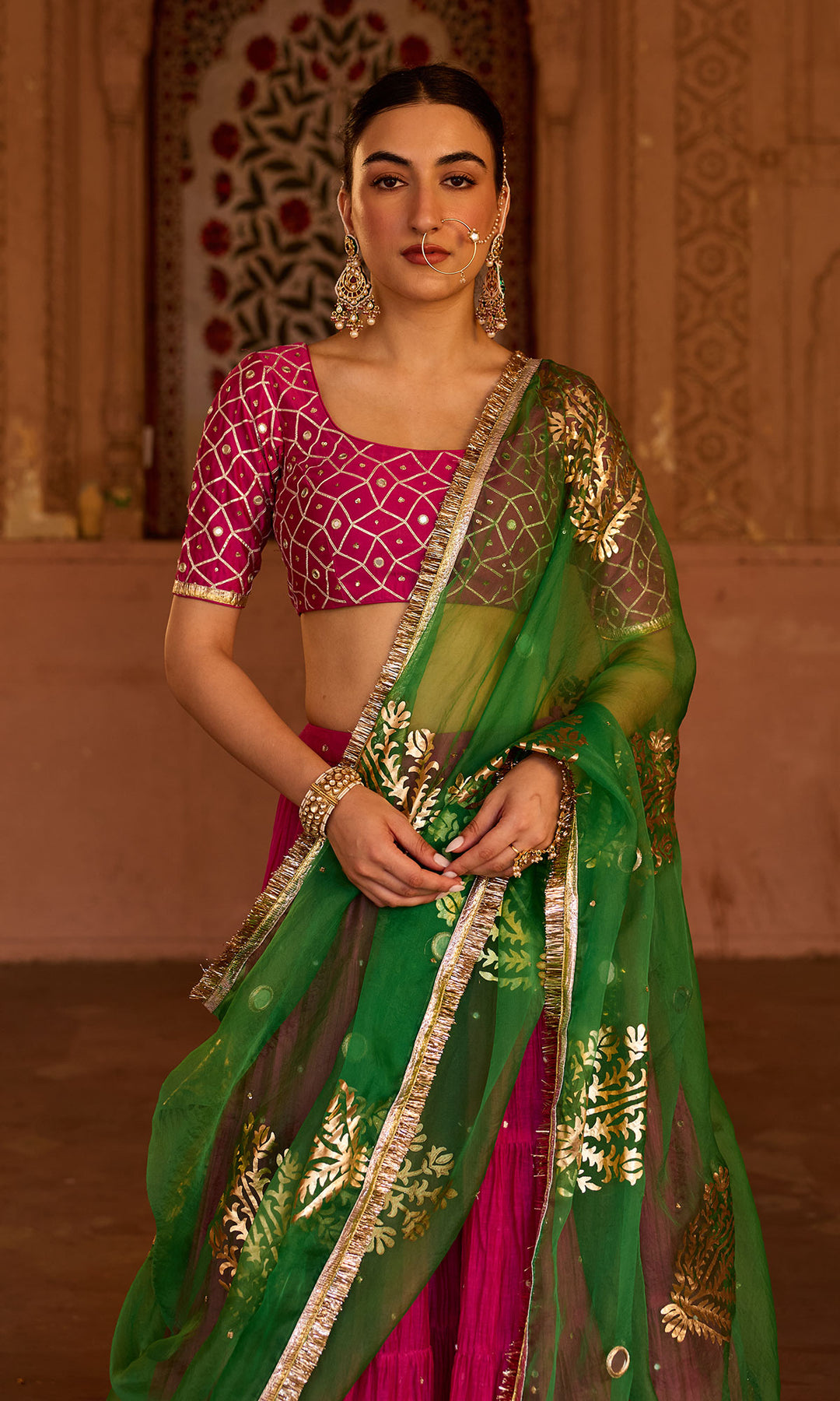 Phillauri 2 rani pink teared lehenga with gota work blouse and foil  print dupatta (set of 3)