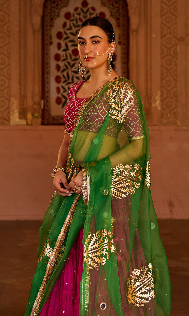 Phillauri 2 rani pink teared lehenga with gota work blouse and foil  print dupatta (set of 3)