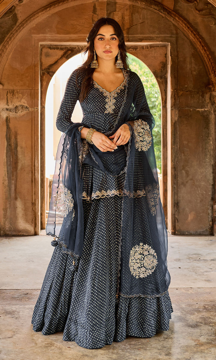 Zoya Black Bandhej Kurta with Lehenga and Dupatta (set of 3)