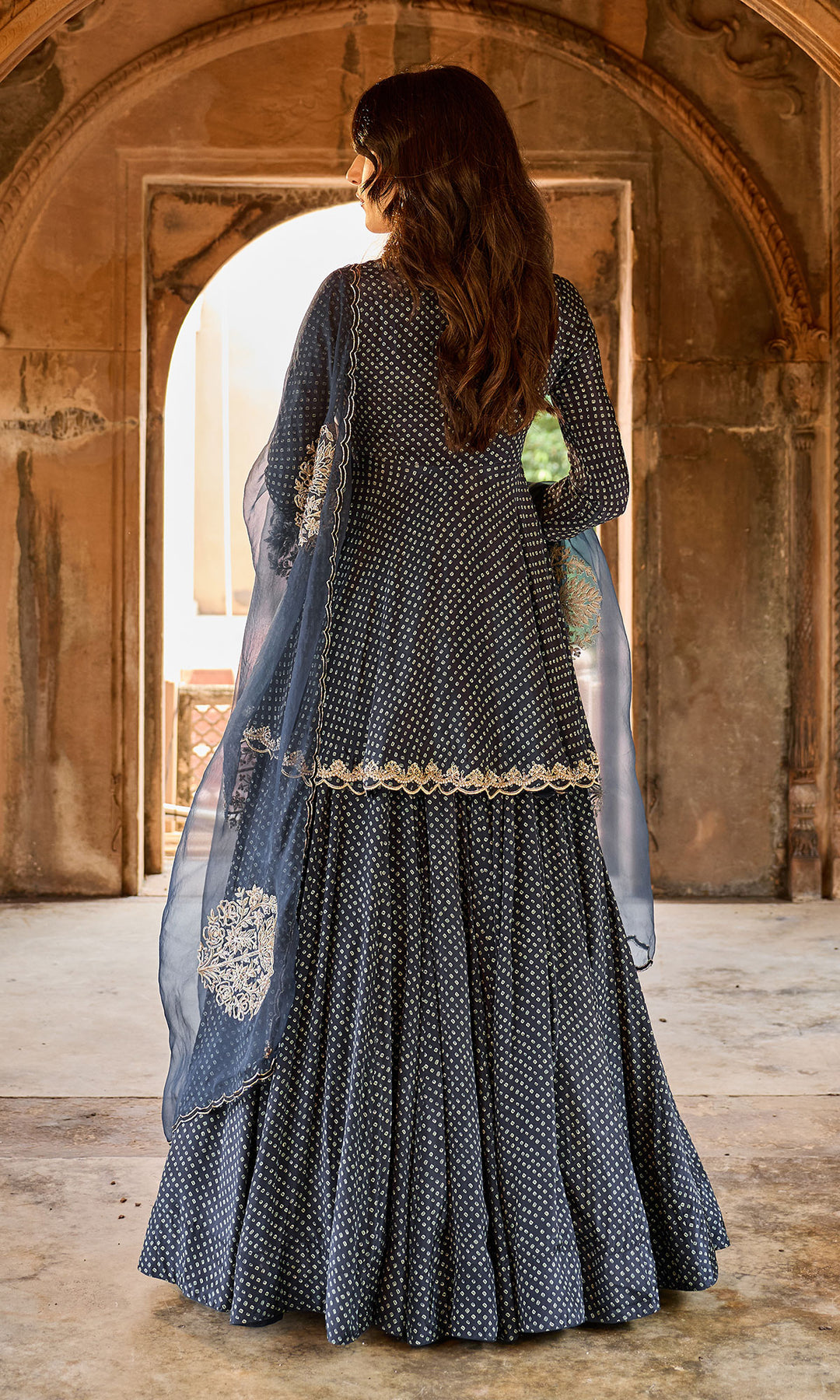 Zoya Black Bandhej Kurta with Lehenga and Dupatta (set of 3)