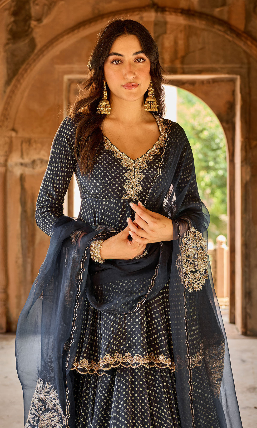 Zoya Black Bandhej Kurta with Lehenga and Dupatta (set of 3)