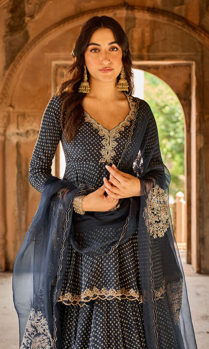 Zoya Black Bandhej Kurta with Lehenga and Dupatta (set of 3)