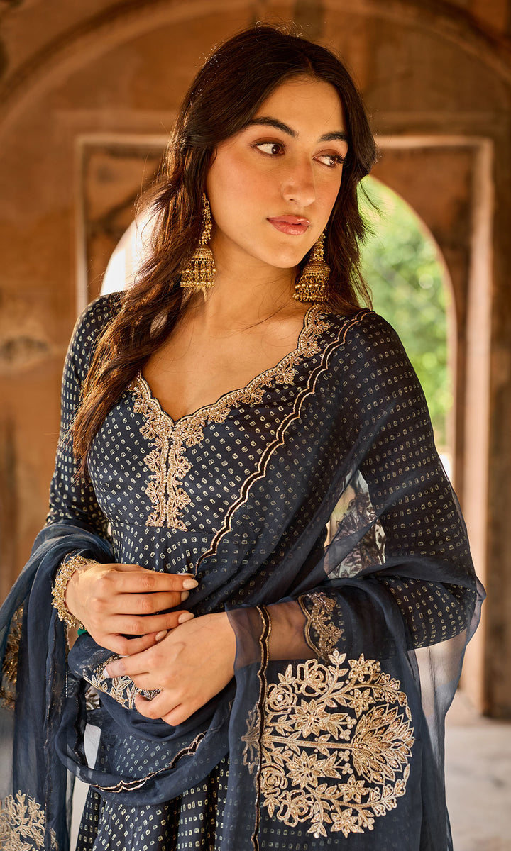 Zoya Black Bandhej Kurta with Lehenga and Dupatta (set of 3)