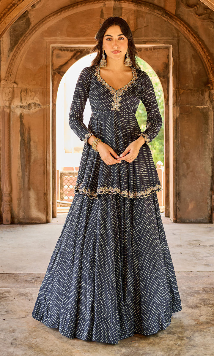 Zoya Black Bandhej Kurta with Lehenga and Dupatta (set of 3)