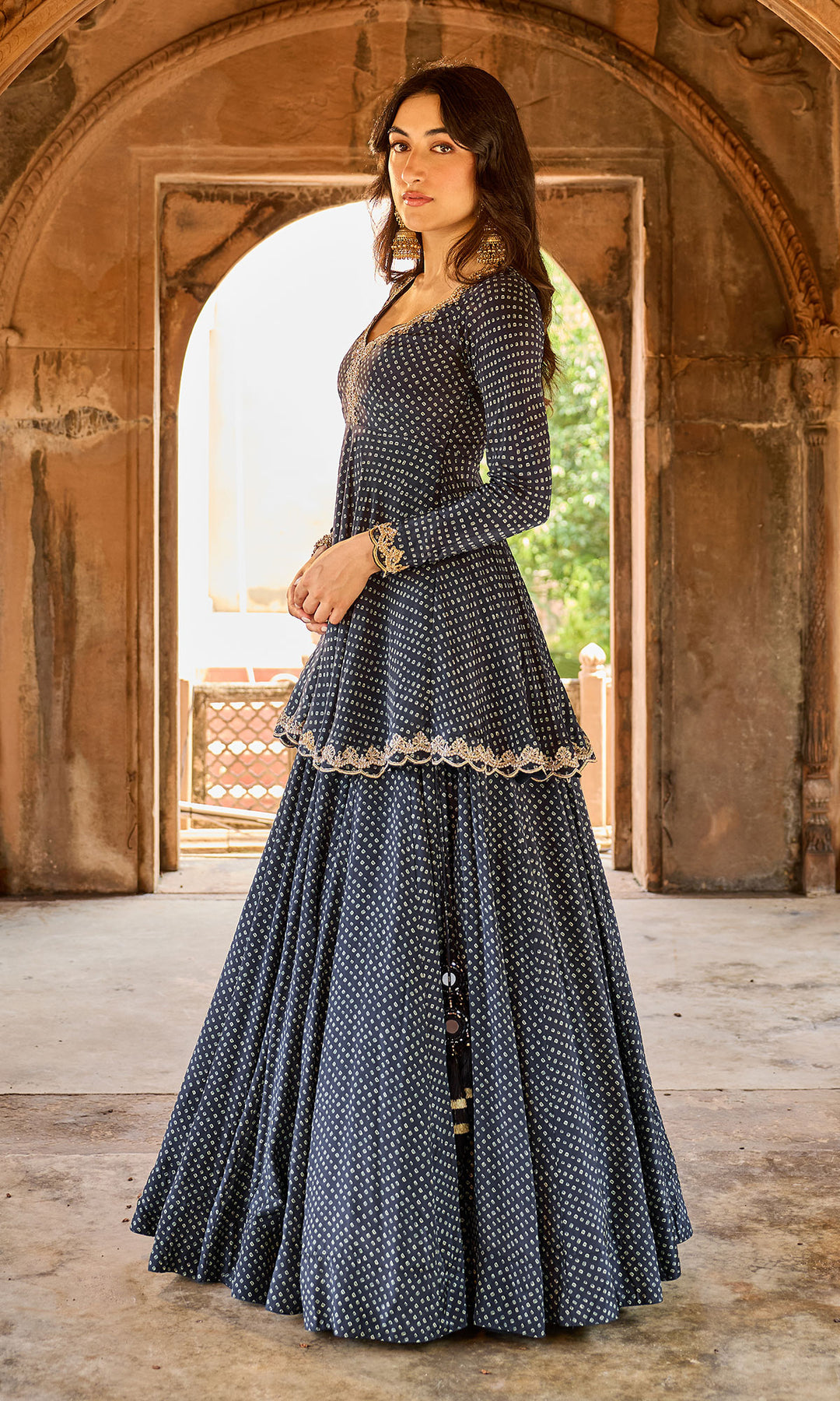 Zoya Black Bandhej Kurta with Lehenga and Dupatta (set of 3)