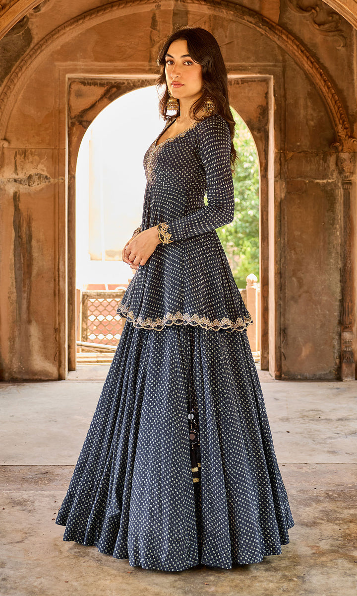 Zoya Black Bandhej Kurta with Lehenga and Dupatta (set of 3)