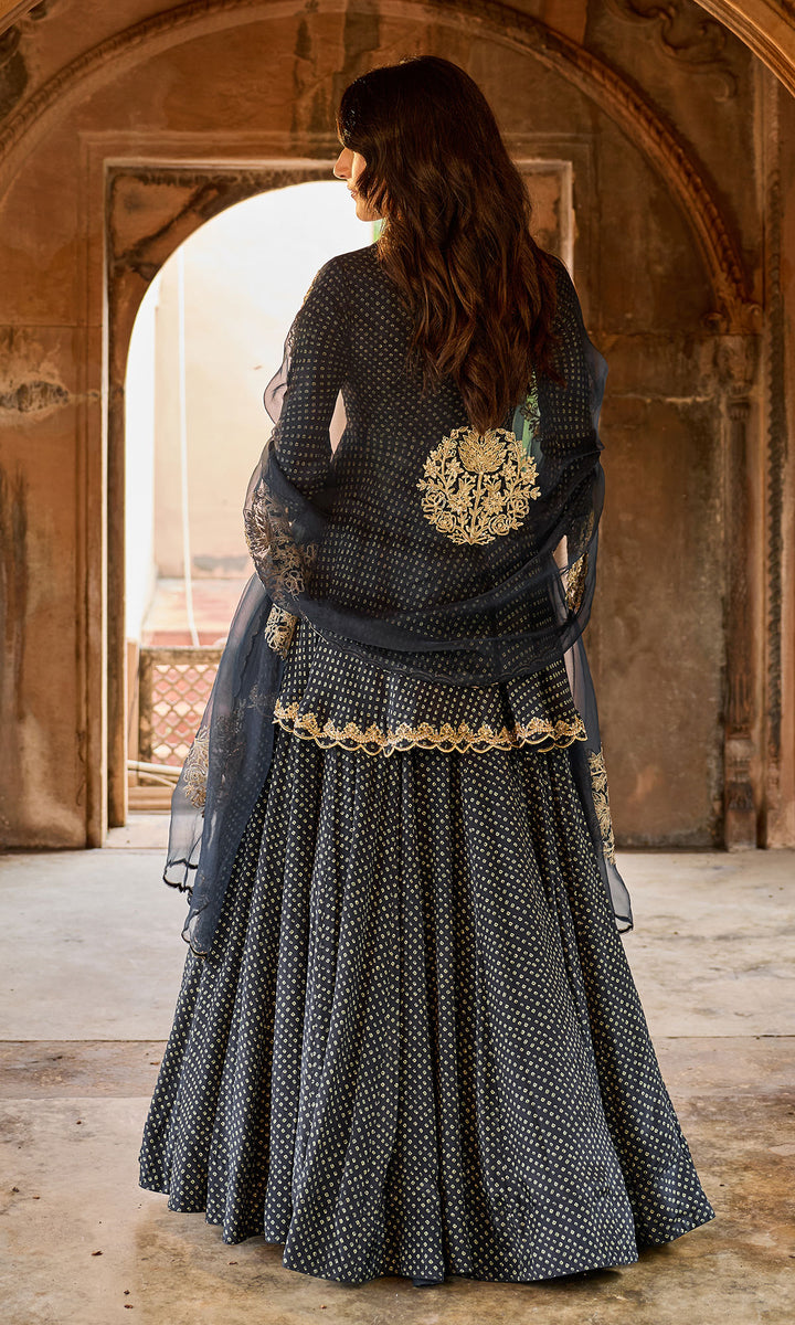 Zoya Black Bandhej Kurta with Lehenga and Dupatta (set of 3)