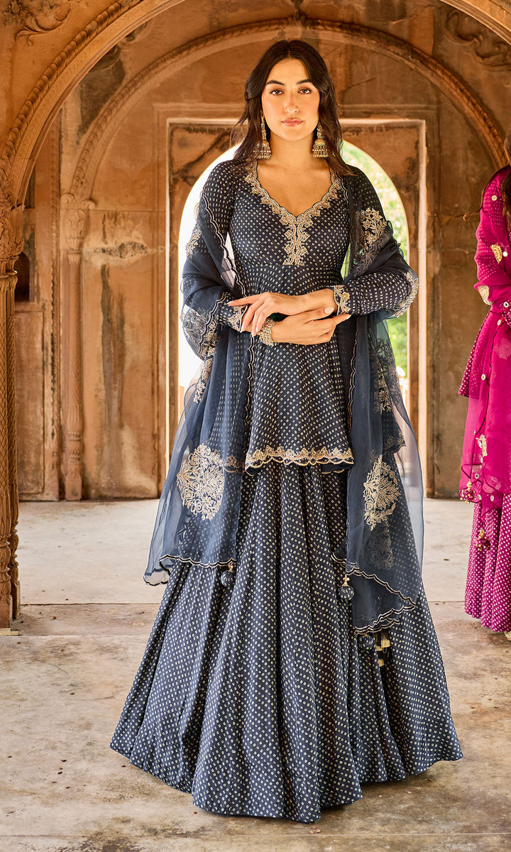 Zoya Black Bandhej Kurta with Lehenga and Dupatta (set of 3)