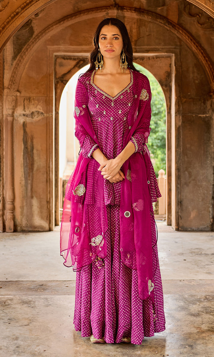 Zoya Wine Bandhej Short Kurta Sharara Set (set of 3)