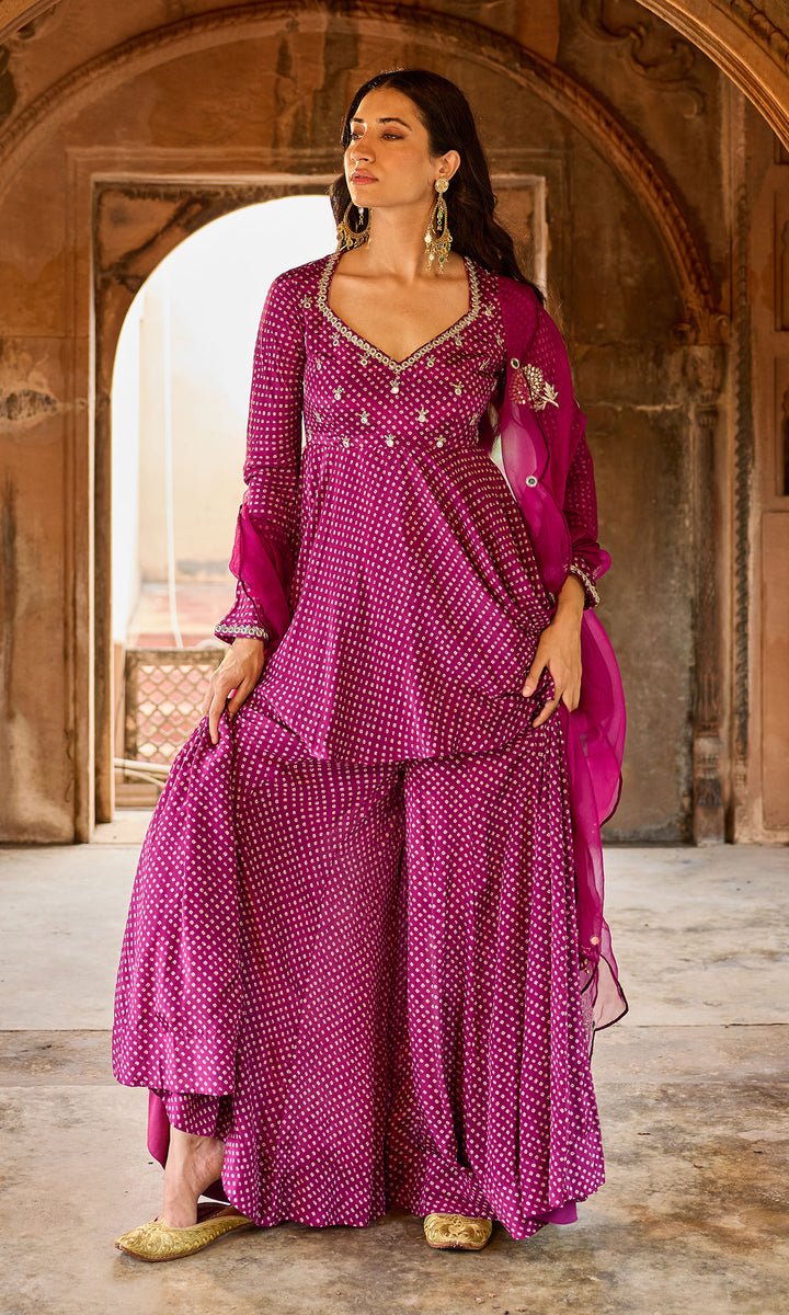 Zoya Wine Bandhej Short Kurta Sharara Set (set of 3)