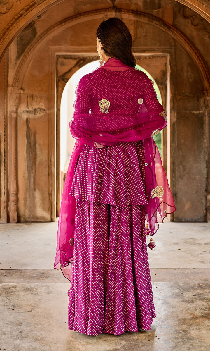 Zoya Wine Bandhej Short Kurta Sharara Set (set of 3)