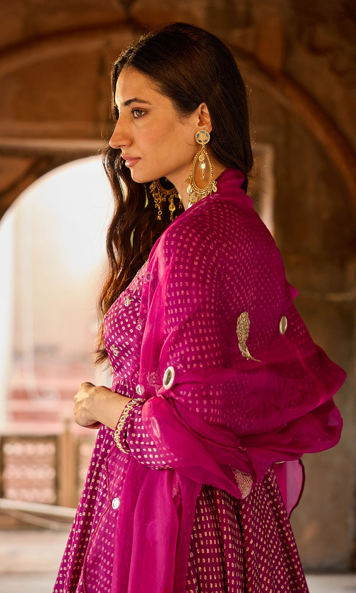 Zoya Wine Bandhej Short Kurta Sharara Set (set of 3)