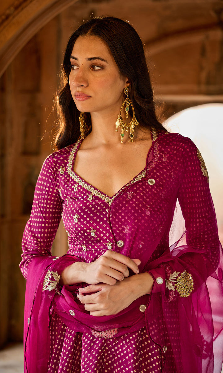 Zoya Wine Bandhej Short Kurta Sharara Set (set of 3)