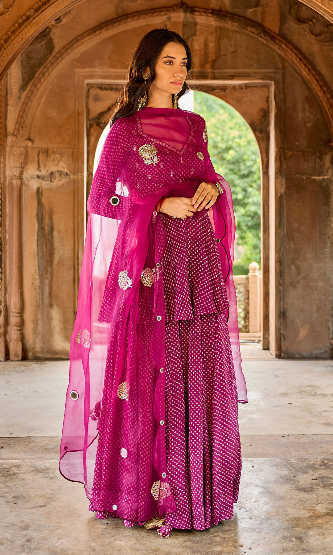 Zoya Wine Bandhej Short Kurta Sharara Set (set of 3)