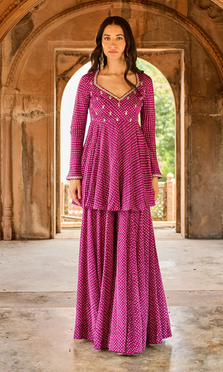 Zoya Wine Bandhej Short Kurta Sharara Set (set of 3)