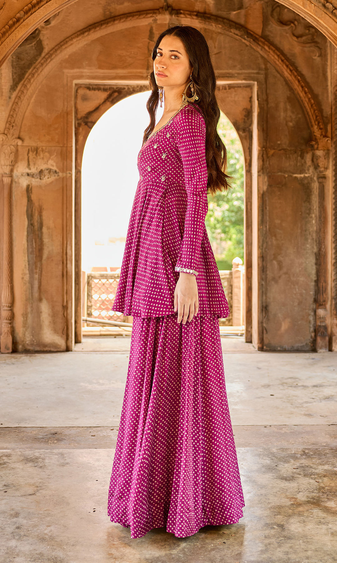 Zoya Wine Bandhej Short Kurta Sharara Set (set of 3)