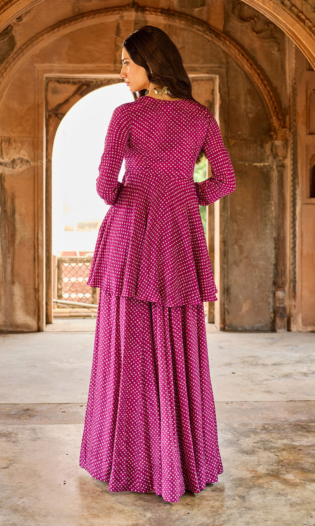 Zoya Wine Bandhej Short Kurta Sharara Set (set of 3)