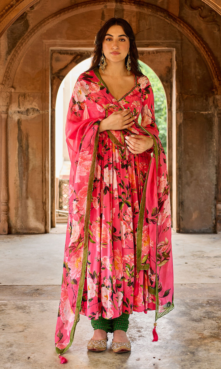 Zoya Pink Floral Anarkali with Bandhej Chooridar and Dupatta (set of 3)