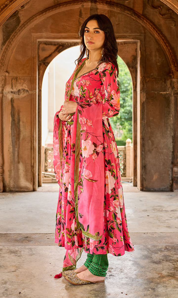 Zoya Pink Floral Anarkali with Bandhej Chooridar and Dupatta (set of 3)