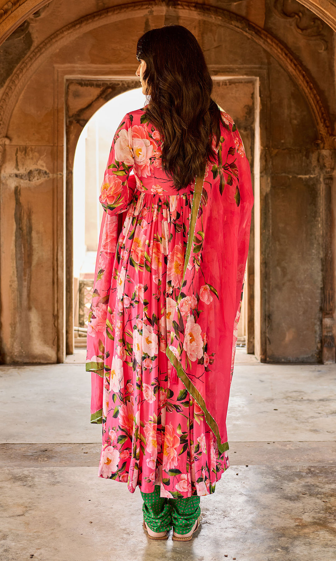 Zoya Pink Floral Anarkali with Bandhej Chooridar and Dupatta (set of 3)