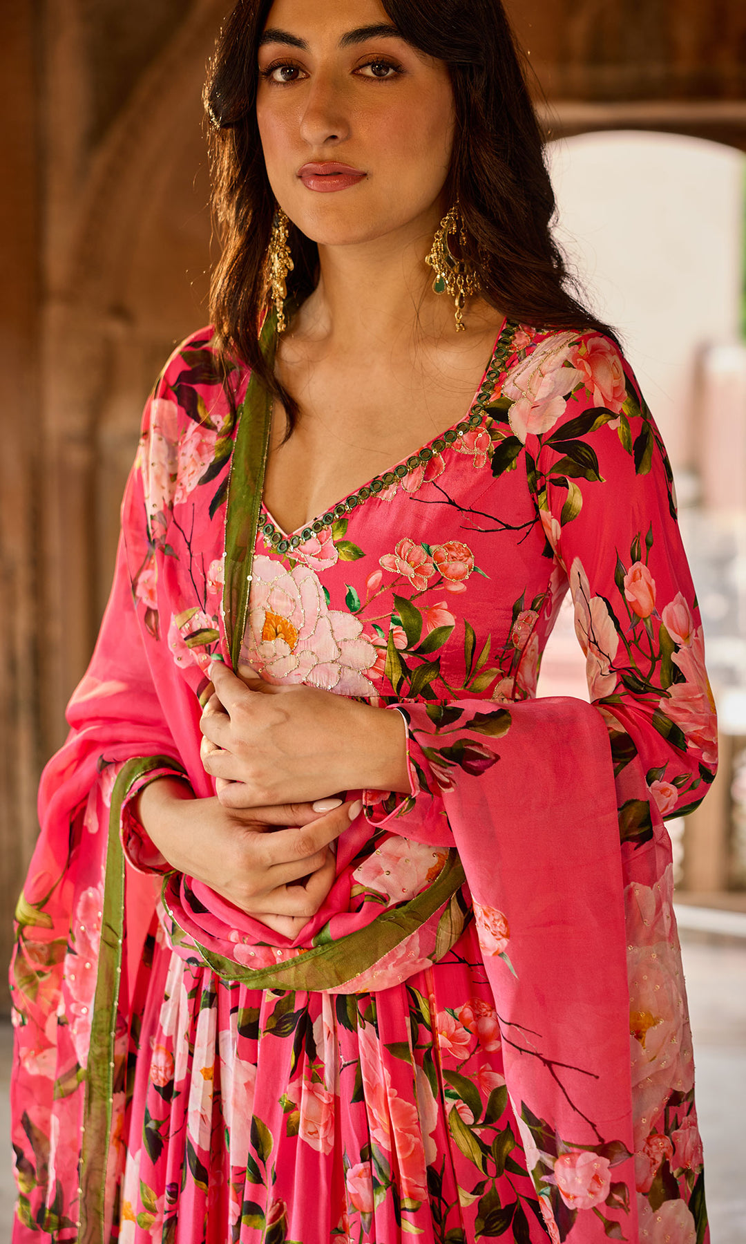 Zoya Pink Floral Anarkali with Bandhej Chooridar and Dupatta (set of 3)