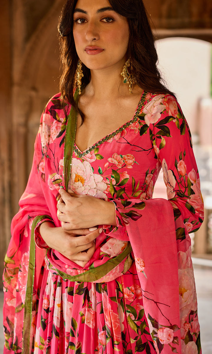 Zoya Pink Floral Anarkali with Bandhej Chooridar and Dupatta (set of 3)