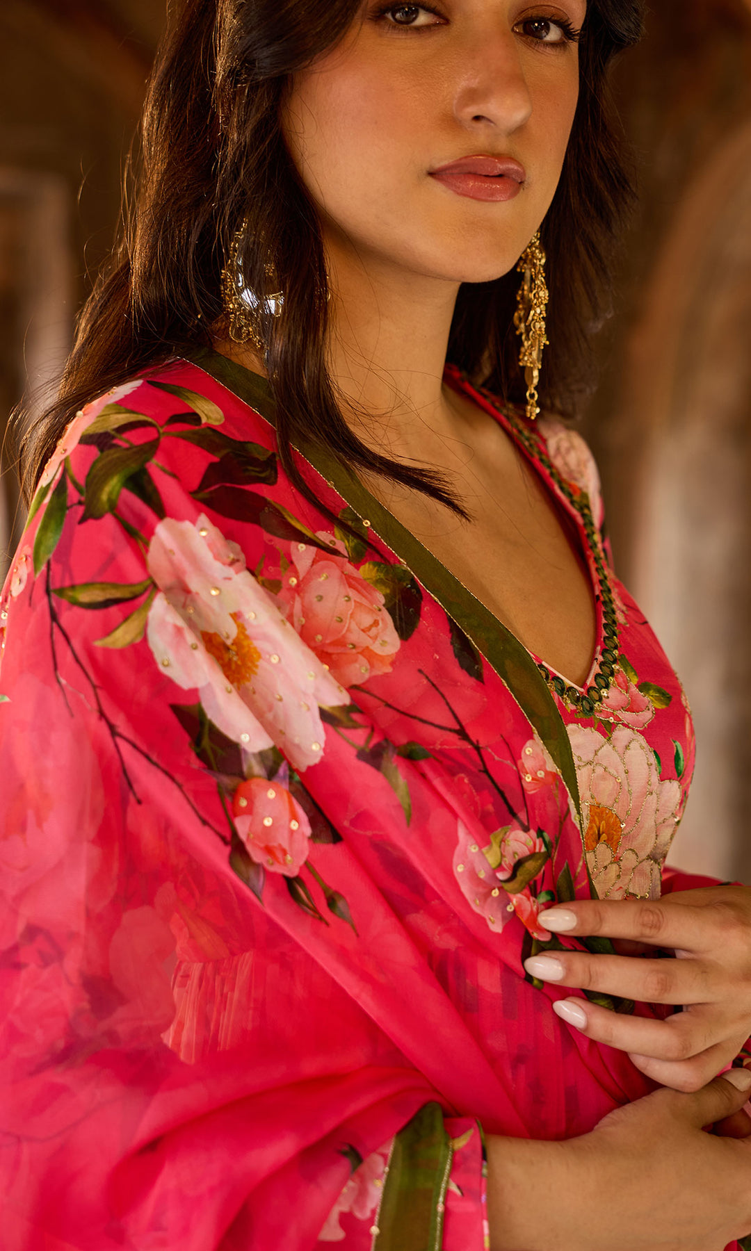 Zoya Pink Floral Anarkali with Bandhej Chooridar and Dupatta (set of 3)