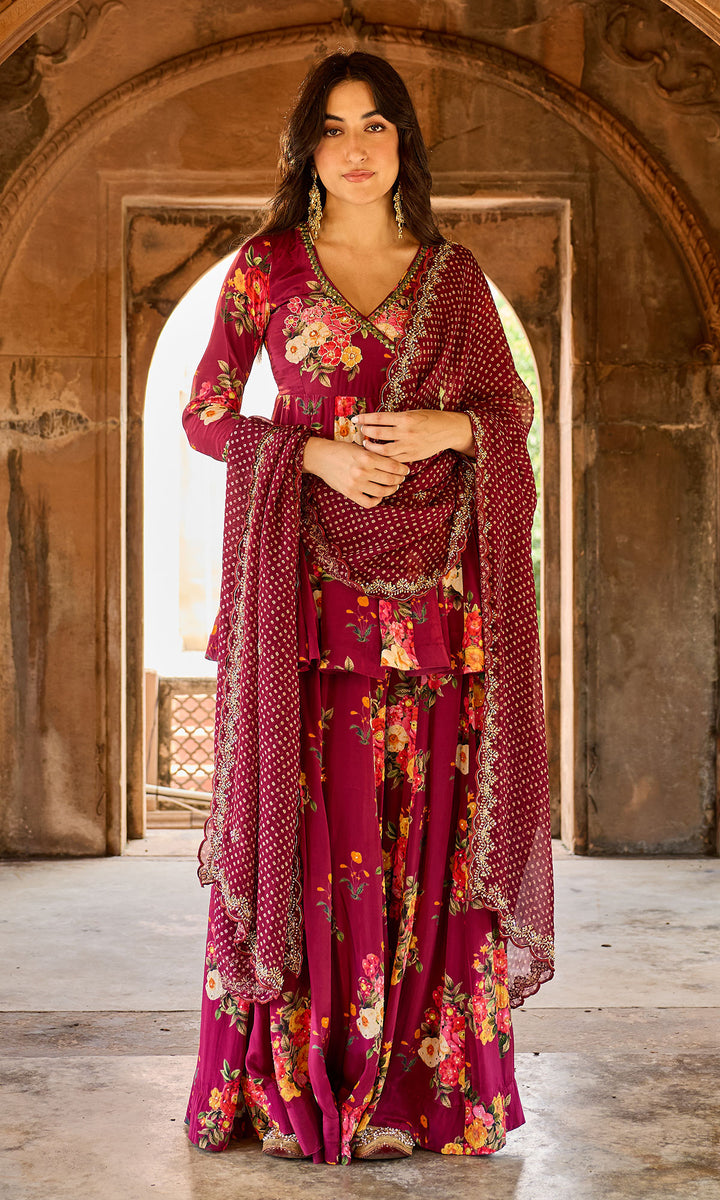 Zoya Wine Floral Angrakha Sharara Set (set of 3)