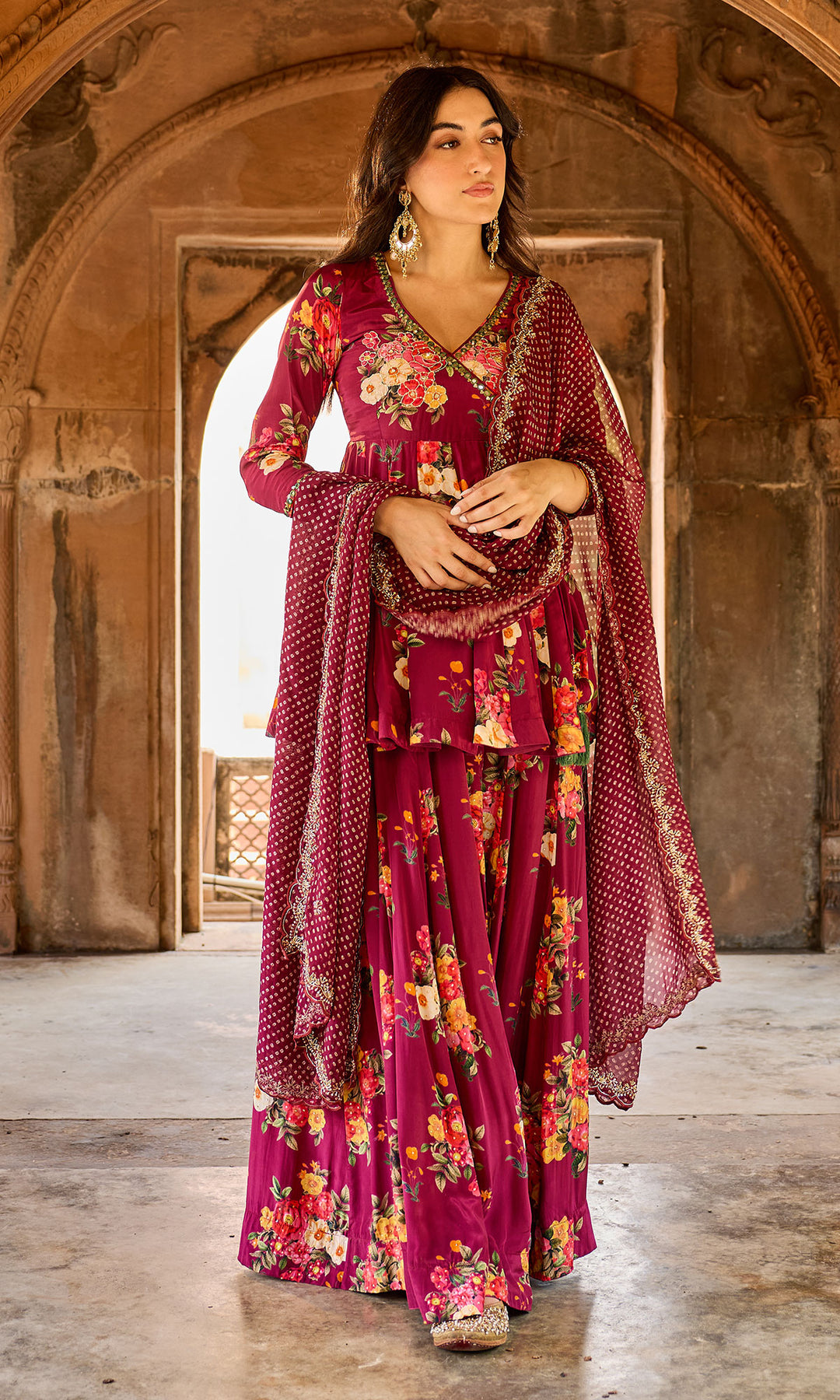 Zoya Wine Floral Angrakha Sharara Set (set of 3)