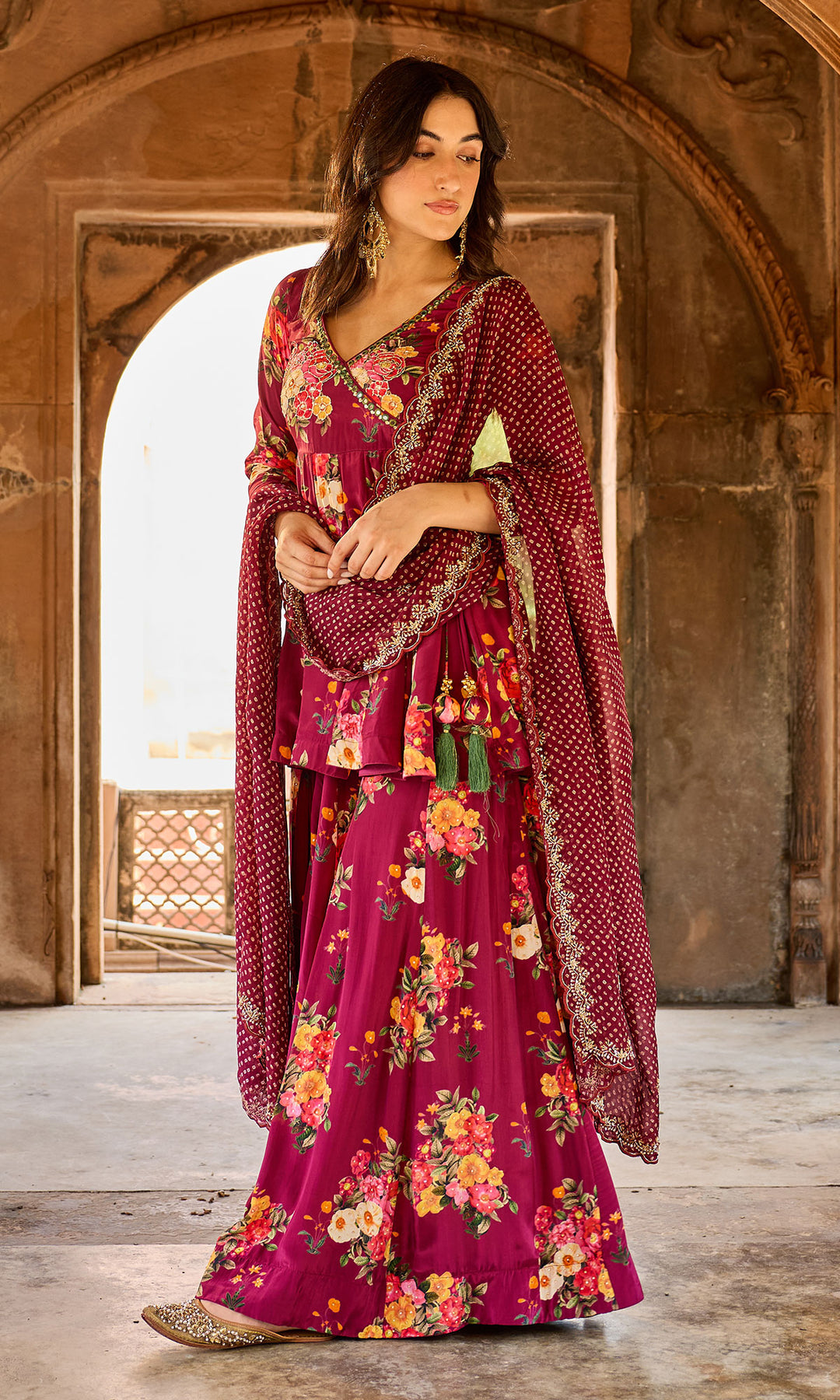 Zoya Wine Floral Angrakha Sharara Set (set of 3)