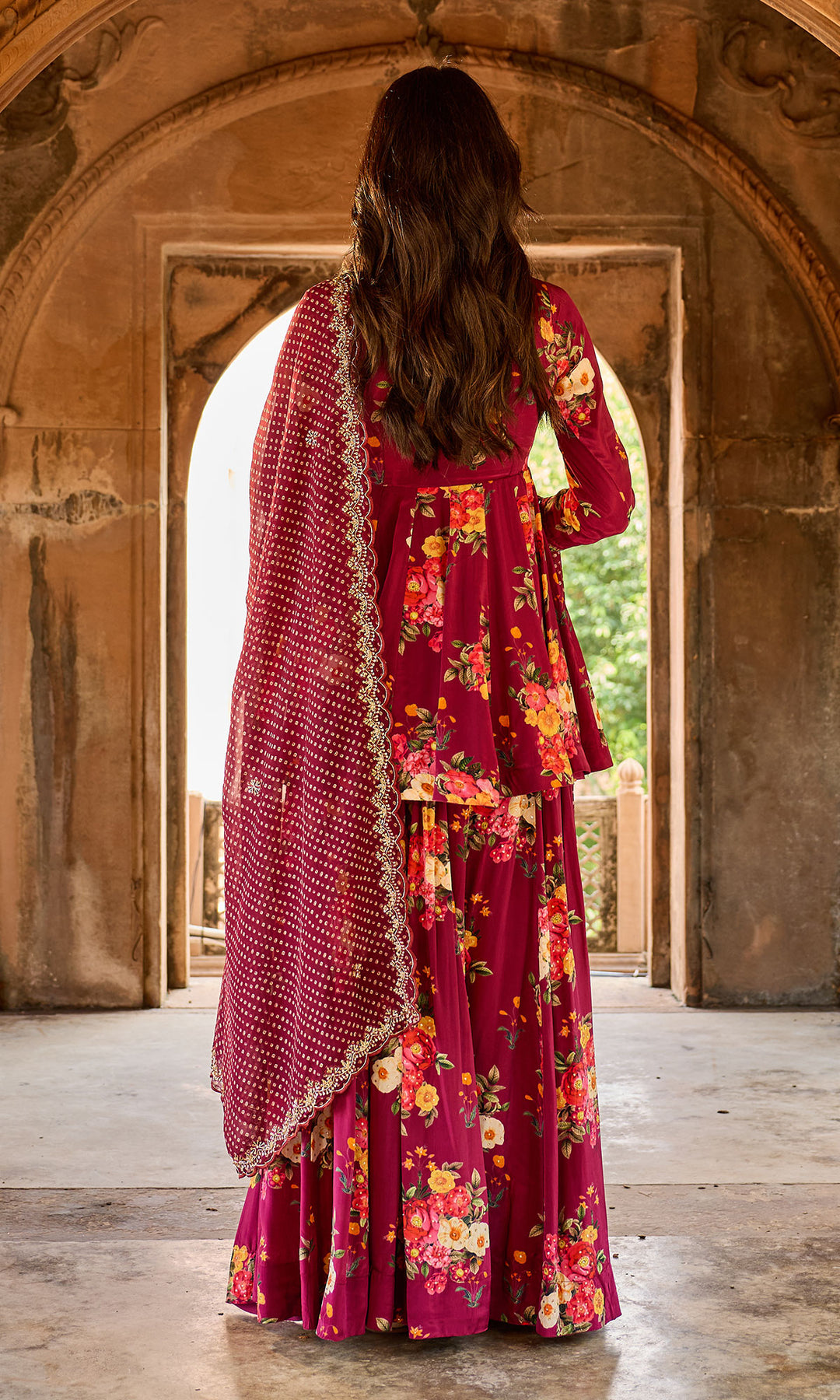 Zoya Wine Floral Angrakha Sharara Set (set of 3)