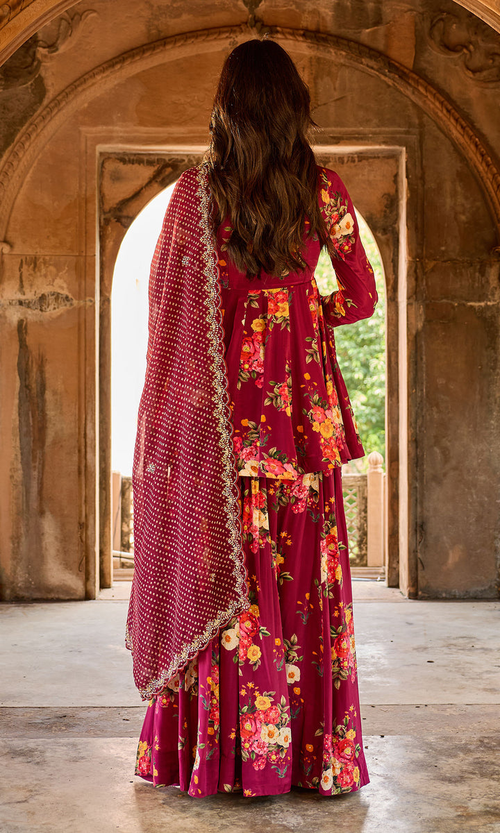 Zoya Wine Floral Angrakha Sharara Set (set of 3)