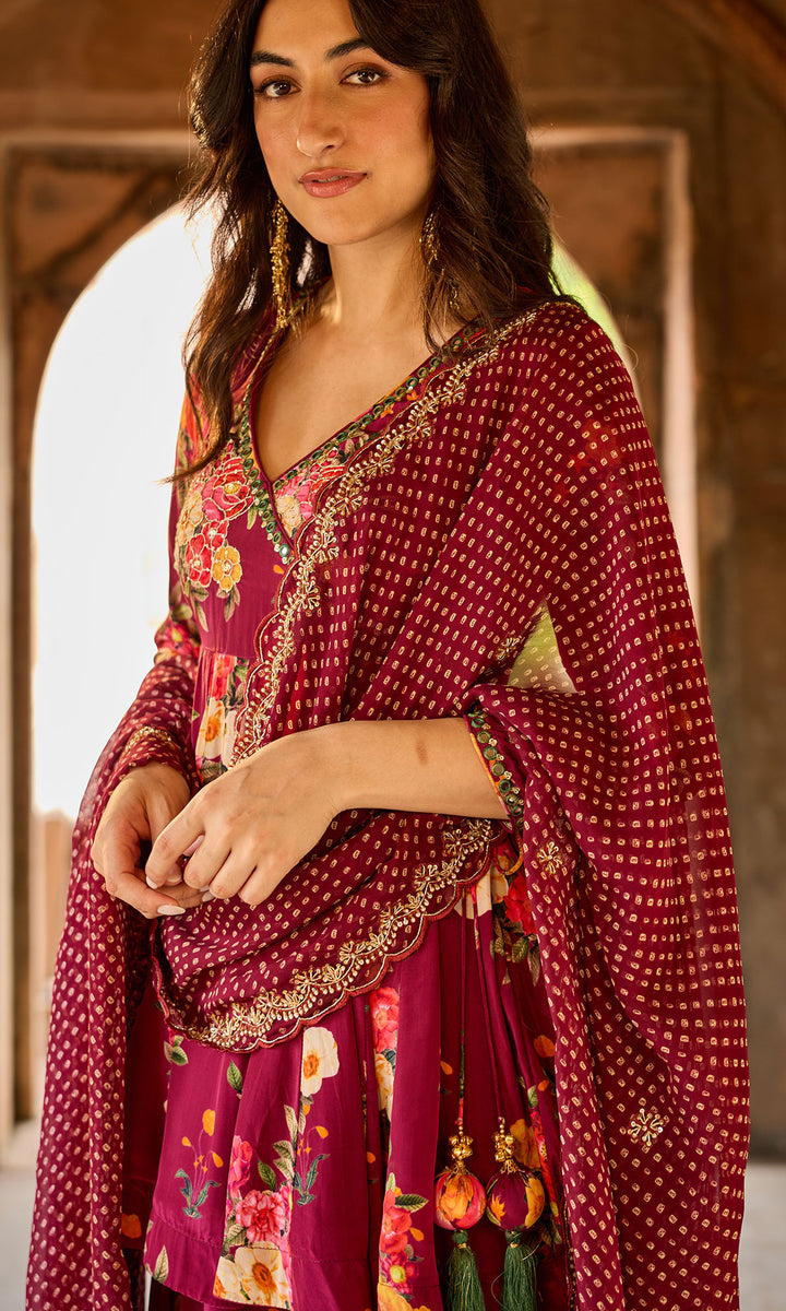 Zoya Wine Floral Angrakha Sharara Set (set of 3)