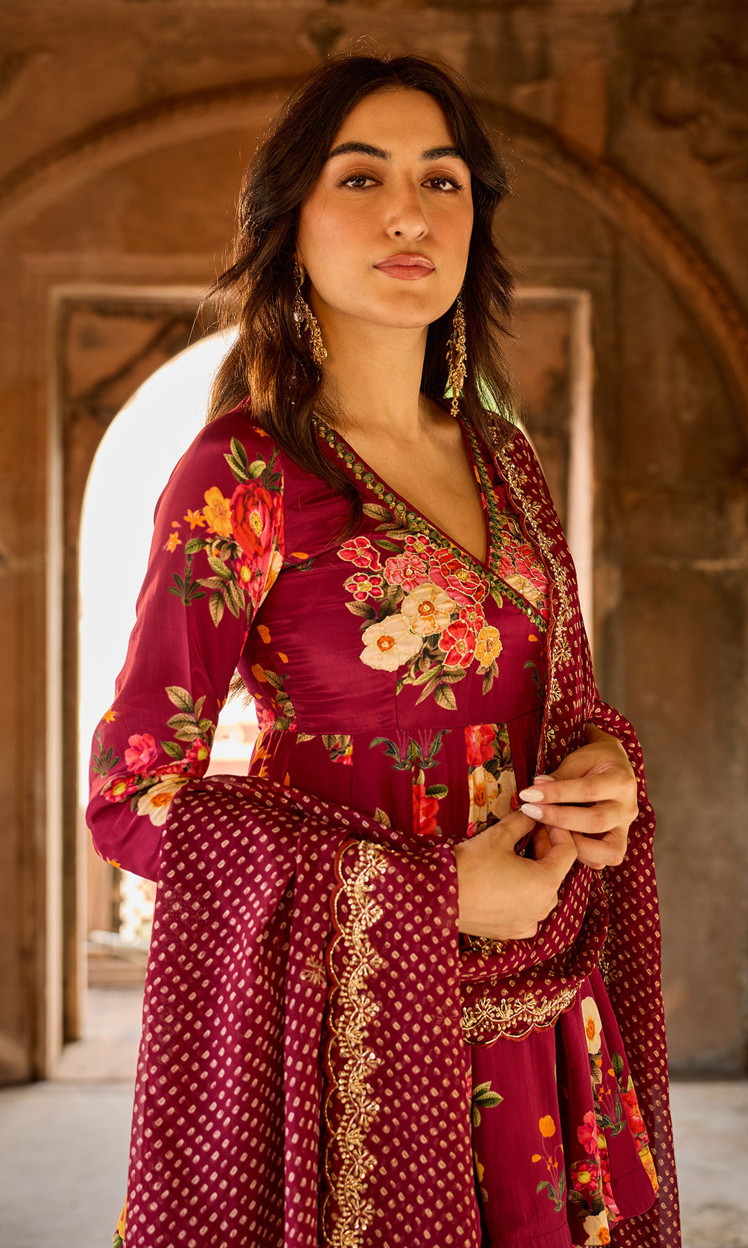 Zoya Wine Floral Angrakha Sharara Set (set of 3)