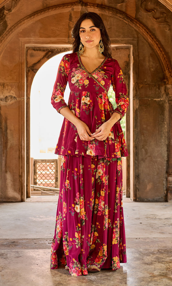 Zoya Wine Floral Angrakha Sharara Set (set of 3)