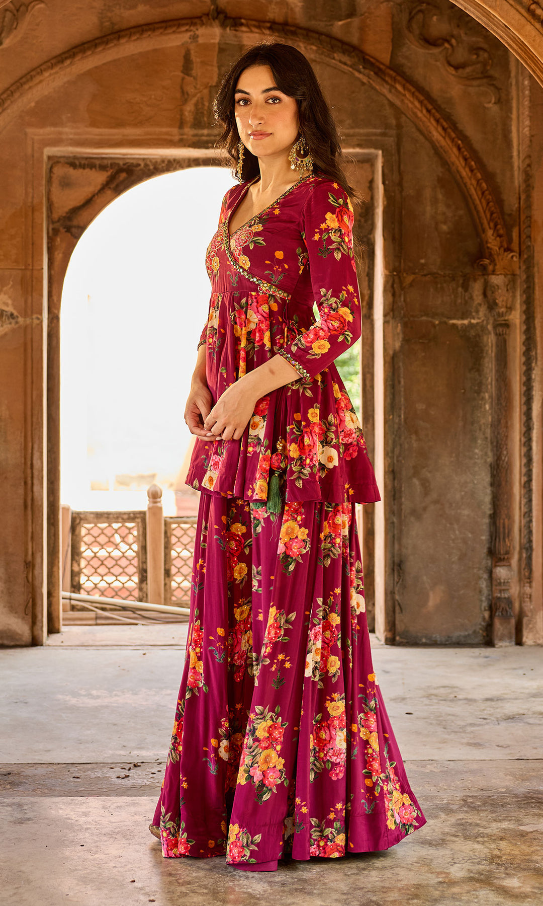 Zoya Wine Floral Angrakha Sharara Set (set of 3)