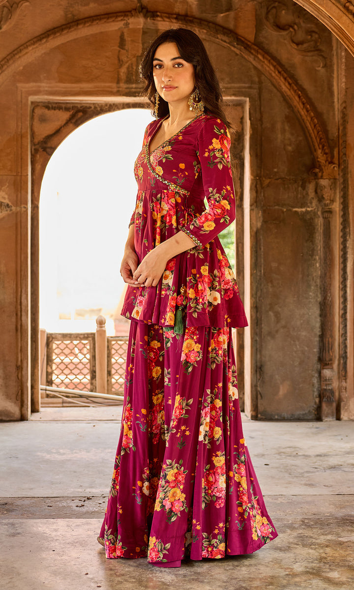 Zoya Wine Floral Angrakha Sharara Set (set of 3)